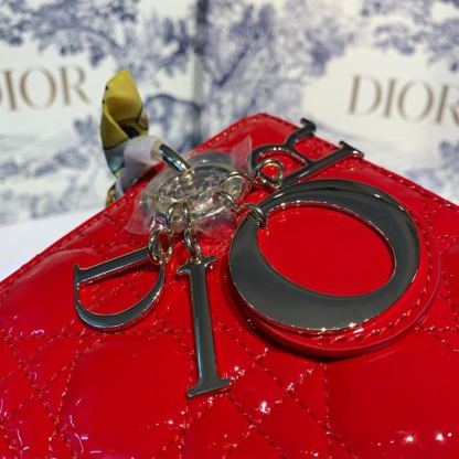 DI Small Lady Bag Gold Toned Hardware Cherry Red Patent For Women 8in/20cm CD M0531OWCB_M323