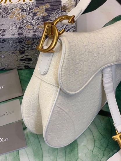 DI Saddle Bag White Oblique Embroidered Canvas Gold Toned Hardware For Women 25cm/10in CD