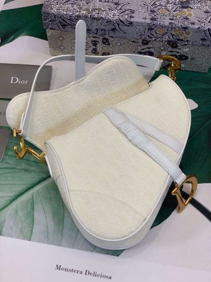 DI Saddle Bag White Oblique Embroidered Canvas Gold Toned Hardware For Women 25cm/10in CD