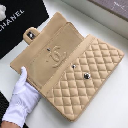 Chanel Classic Handbag Silver Hardware Beige For Women, Women&#8217;s Bags, Shoulder And Crossbody Bags 10.2in/26cm A01112
