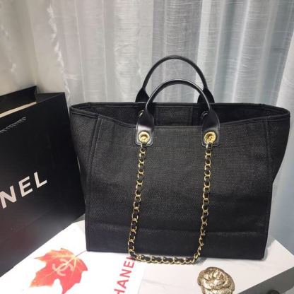 Chanel Deauville Tote Canvas Bag Black/Grey/Multi For Women 14.9in/38cm