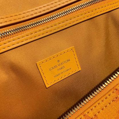 LV Keepall Bandouliere 50 Monogram Denim Ochre Yellow For Men, Men’s Bags, Travel Bags 19.7in/50cm LV M44644