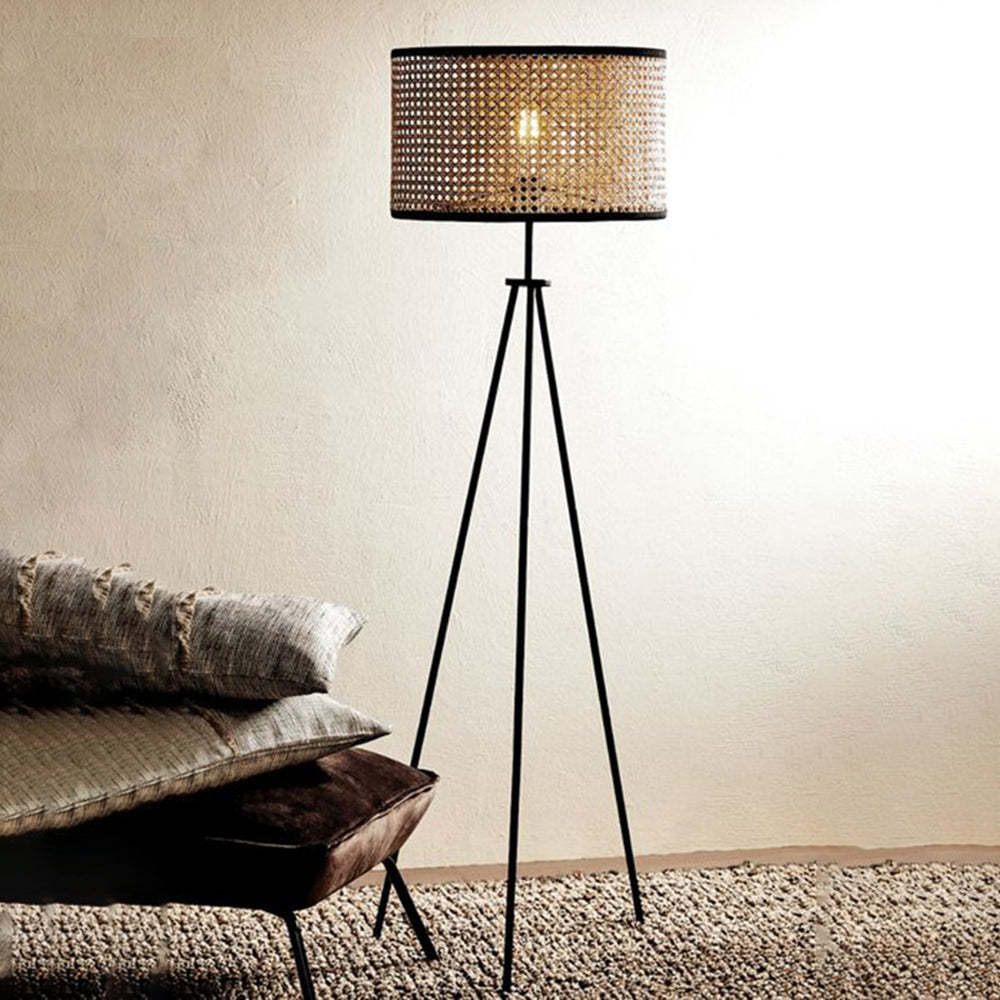 Ritta Lampadaire Trépied Moderne, Métal/Rotin, Bois, Salon