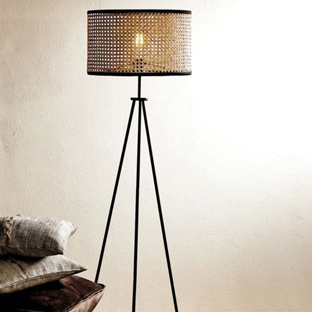 Ritta Lampadaire Trépied Moderne, Métal/Rotin, Bois, Salon