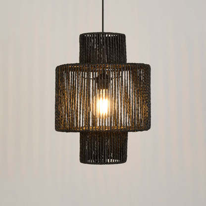 侵权不上架 Muto Suspension Lanterne Traditionnelle, Métal/Rotin, Noir, Salon/Cuisine