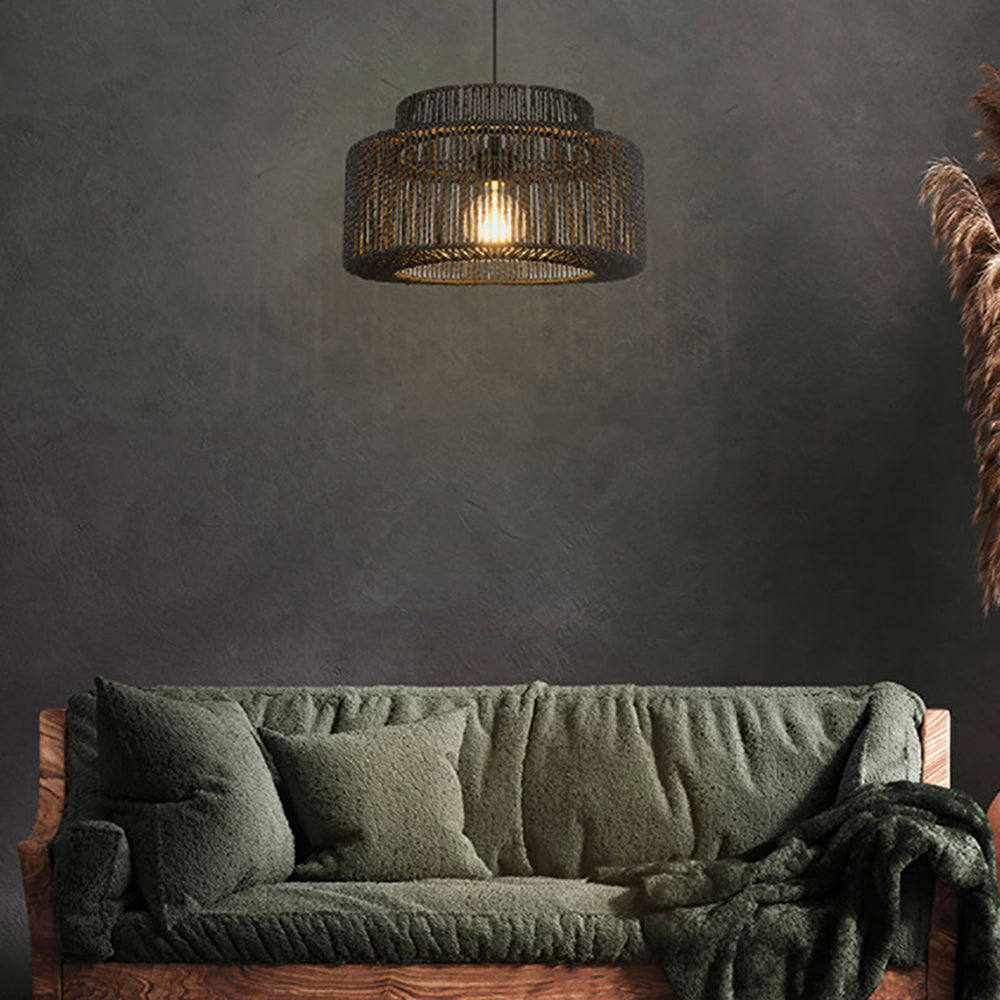 侵权不上架 Muto Suspension Lanterne Traditionnelle, Métal/Rotin, Noir, Salon/Cuisine