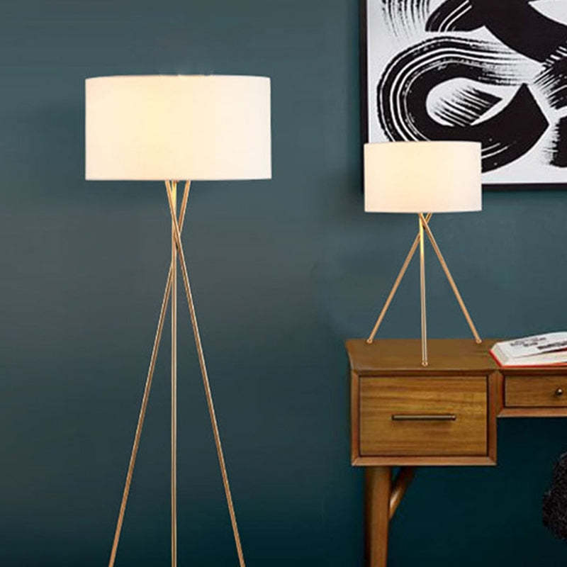 Baines Lampadaire/Lampe de Table Cylindre Moderne, Métal/Tissu, Blanc, Salon