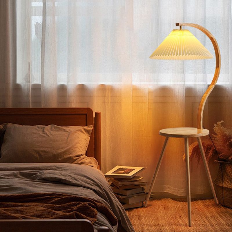 Ozawa Lampadaire Plissé Moderne, Bois/Tissu, Blanc, Salon