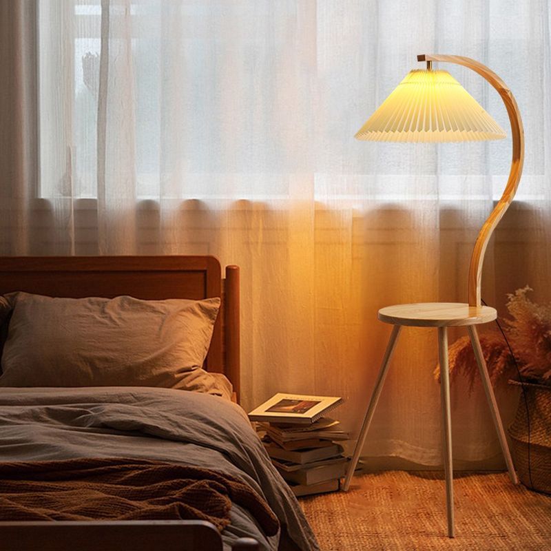 Ozawa Lampadaire Plissé Moderne, Bois/Tissu, Blanc, Salon