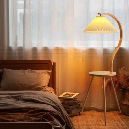 Ozawa Lampadaire Plissé Moderne, Bois/Tissu, Blanc, Salon