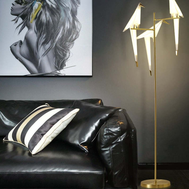Clifford Lampadaire/Lamp de Table Oiseau Nordique, Métal/Acrylique, Doré, Salon