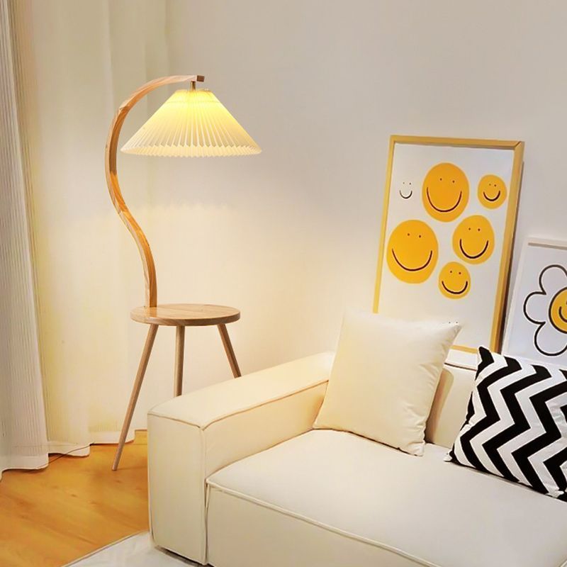 Lampadaire Plissé Moderne, Bois/Tissu, Blanc, Salon | Las Sola