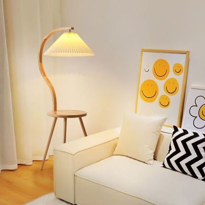Ozawa Lampadaire Plissé Moderne, Bois/Tissu, Blanc, Salon
