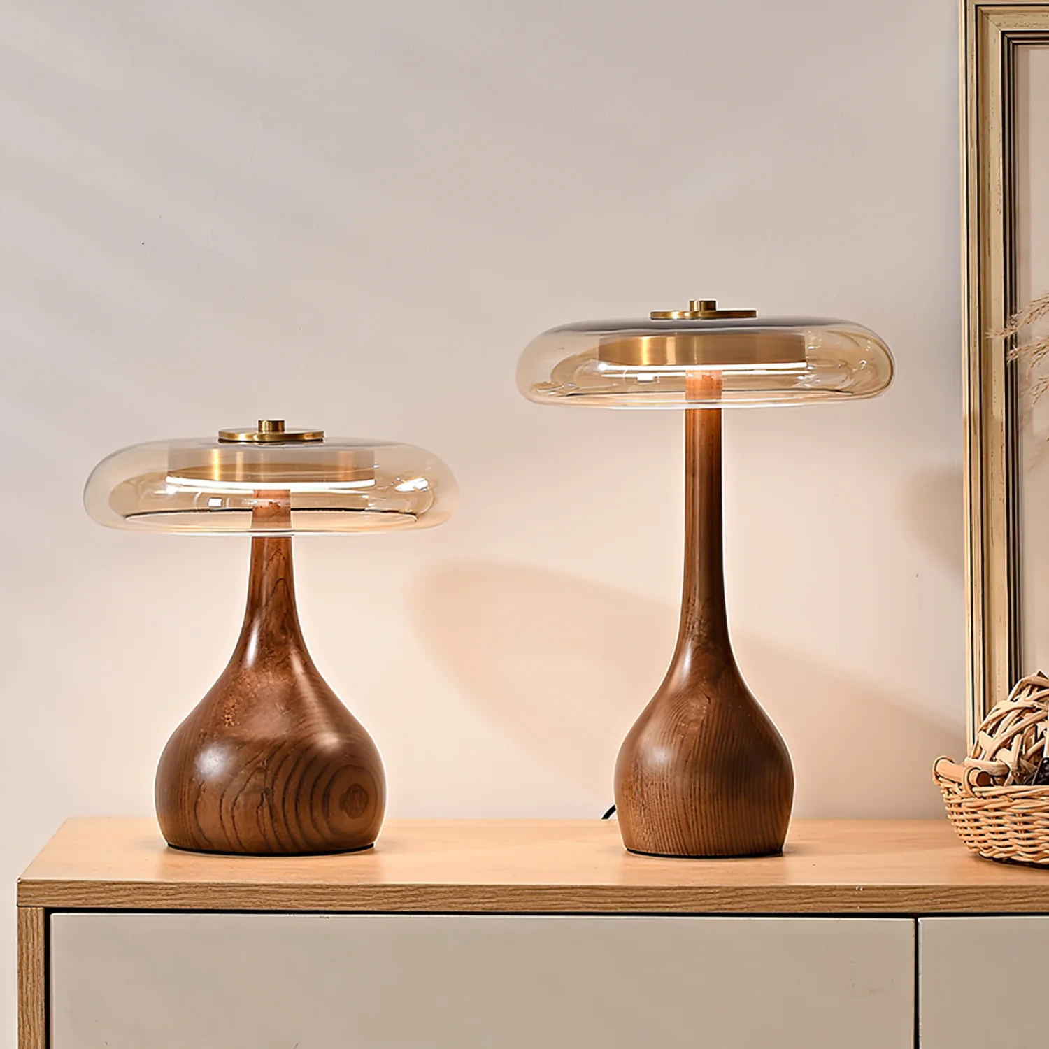 Ozawa Vintage Glass Wood Brass Table Lamp Bedroom Dining Room