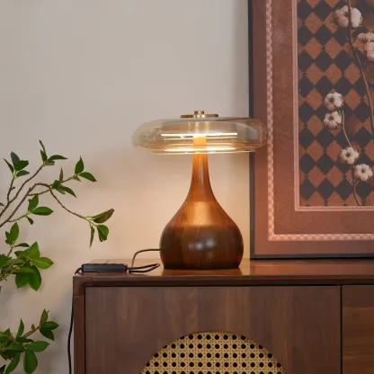 Ozawa Vintage Glass Wood Brass Table Lamp Bedroom Dining Room