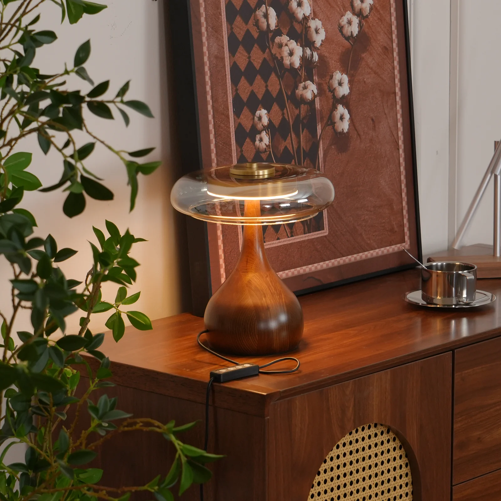 Ozawa Vintage Glass Wood Brass Table Lamp Bedroom Dining Room