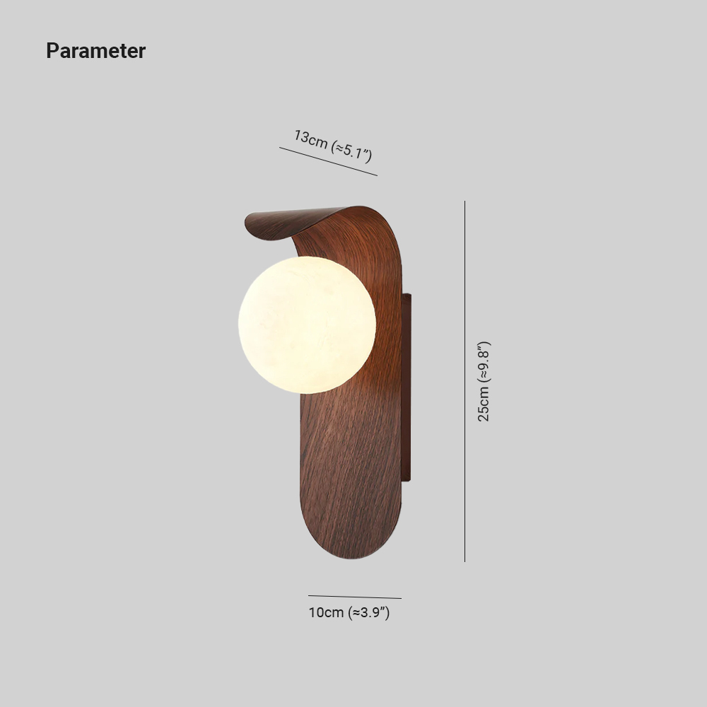 Muto Wall Lamp dimension details, walnut wood finish