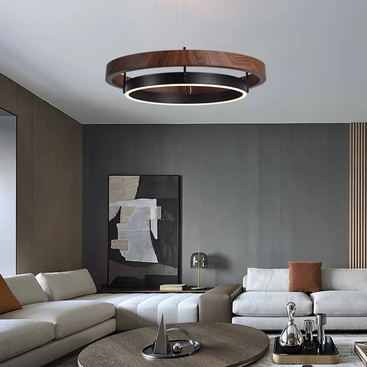 Muto Modern Round Metal Wood Chandelier Dining Living Room Bedroom
