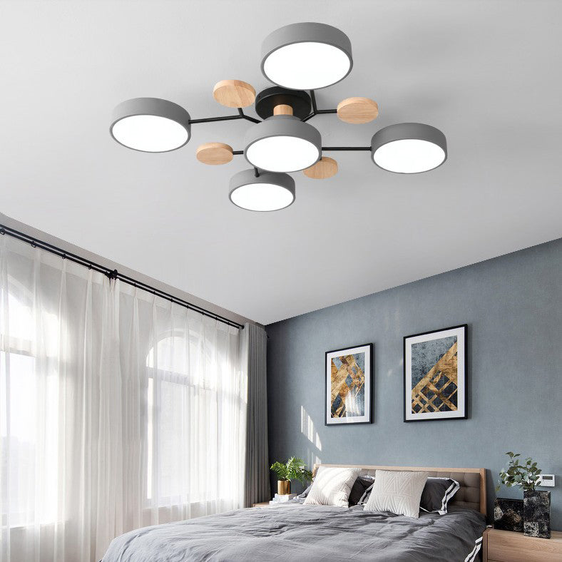 Sienna Plafonnier Rond Moderne, Métal/Bois, Blanc/Vert/Gris, Salon