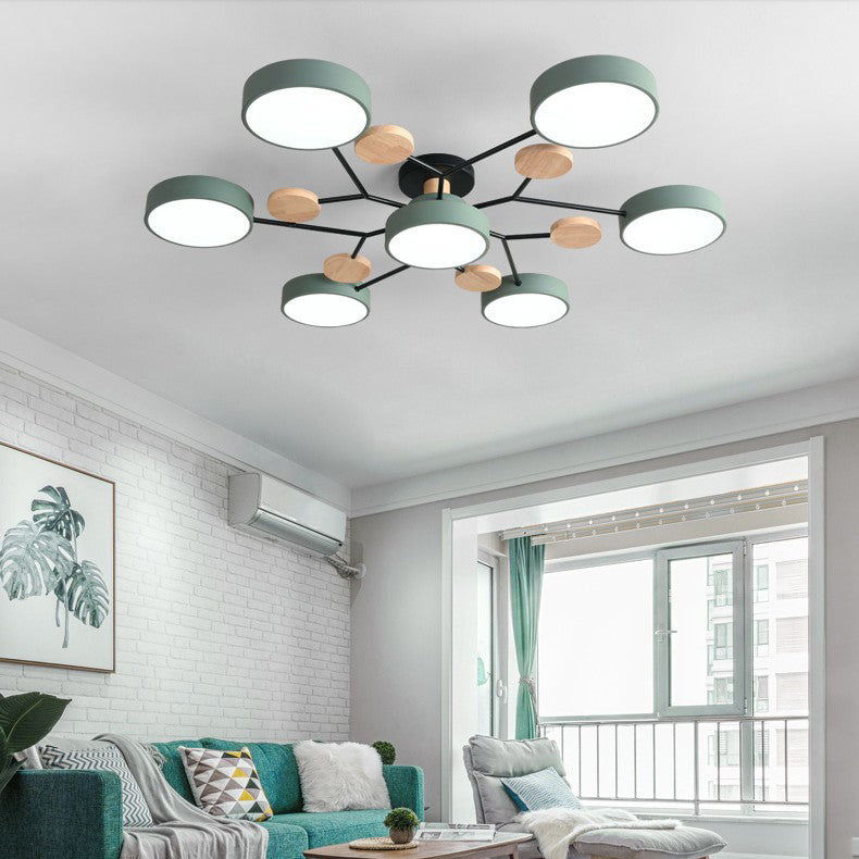 Sienna Plafonnier Rond Moderne, Métal/Bois, Blanc/Vert/Gris, Salon