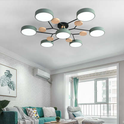Sienna Plafonnier Rond Moderne, Métal/Bois, Blanc/Vert/Gris, Salon