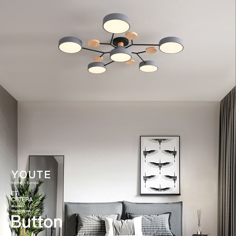 Sienna Plafonnier Rond Moderne, Métal/Bois, Blanc/Vert/Gris, Salon