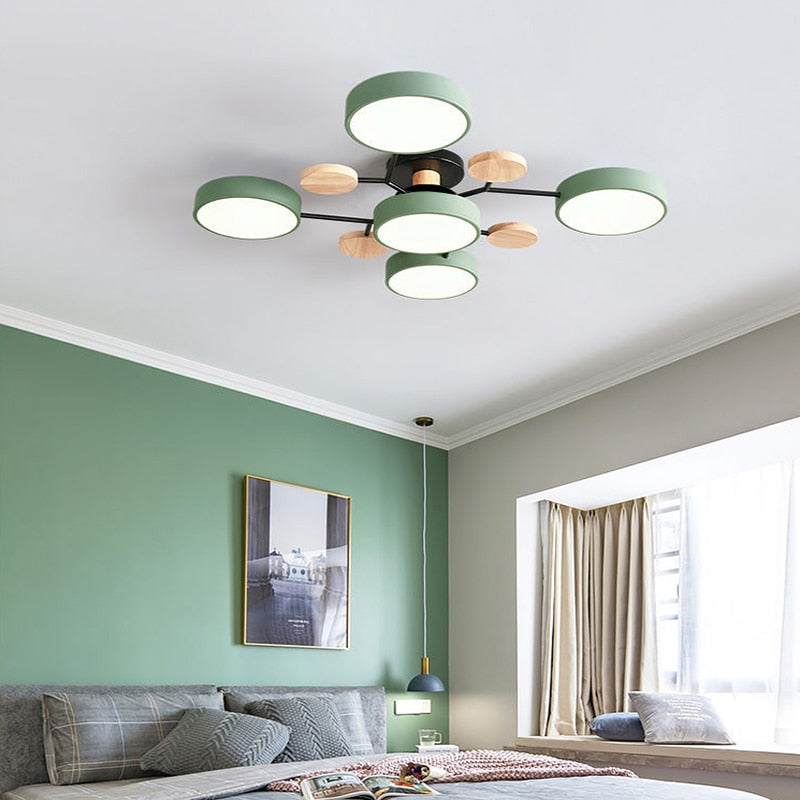Sienna Plafonnier Rond Moderne, Métal/Bois, Blanc/Vert/Gris, Salon
