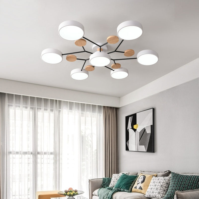 Sienna Plafonnier Rond Moderne, Métal/Bois, Blanc/Vert/Gris, Salon