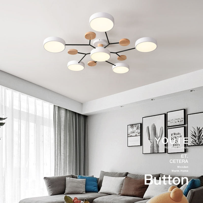 Sienna Plafonnier Rond Moderne, Métal/Bois, Blanc/Vert/Gris, Salon