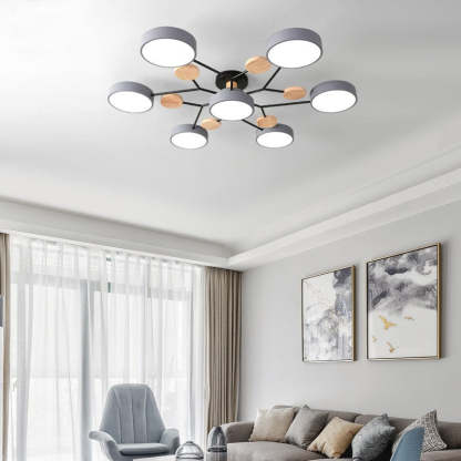 Sienna Plafonnier Rond Moderne, Métal/Bois, Blanc/Vert/Gris, Salon