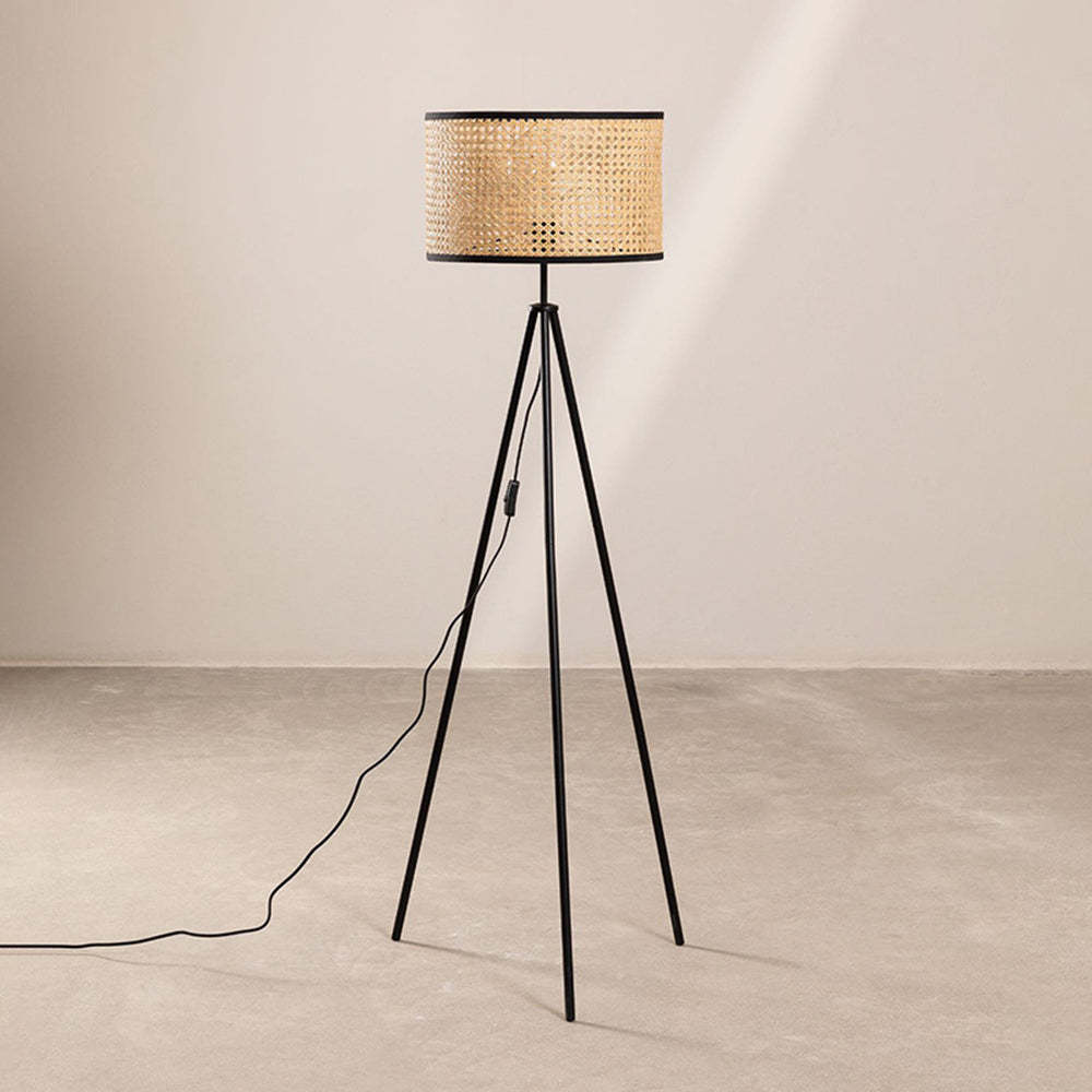 Ritta Lampadaire Trépied Moderne, Métal/Rotin, Bois, Salon