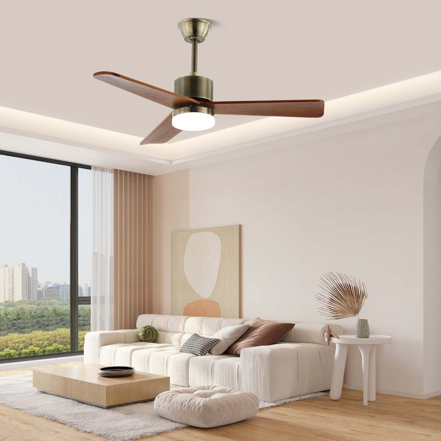 Ventilateur de plafond lumineux Ventio minimaliste argenté et bois - Neutralighting