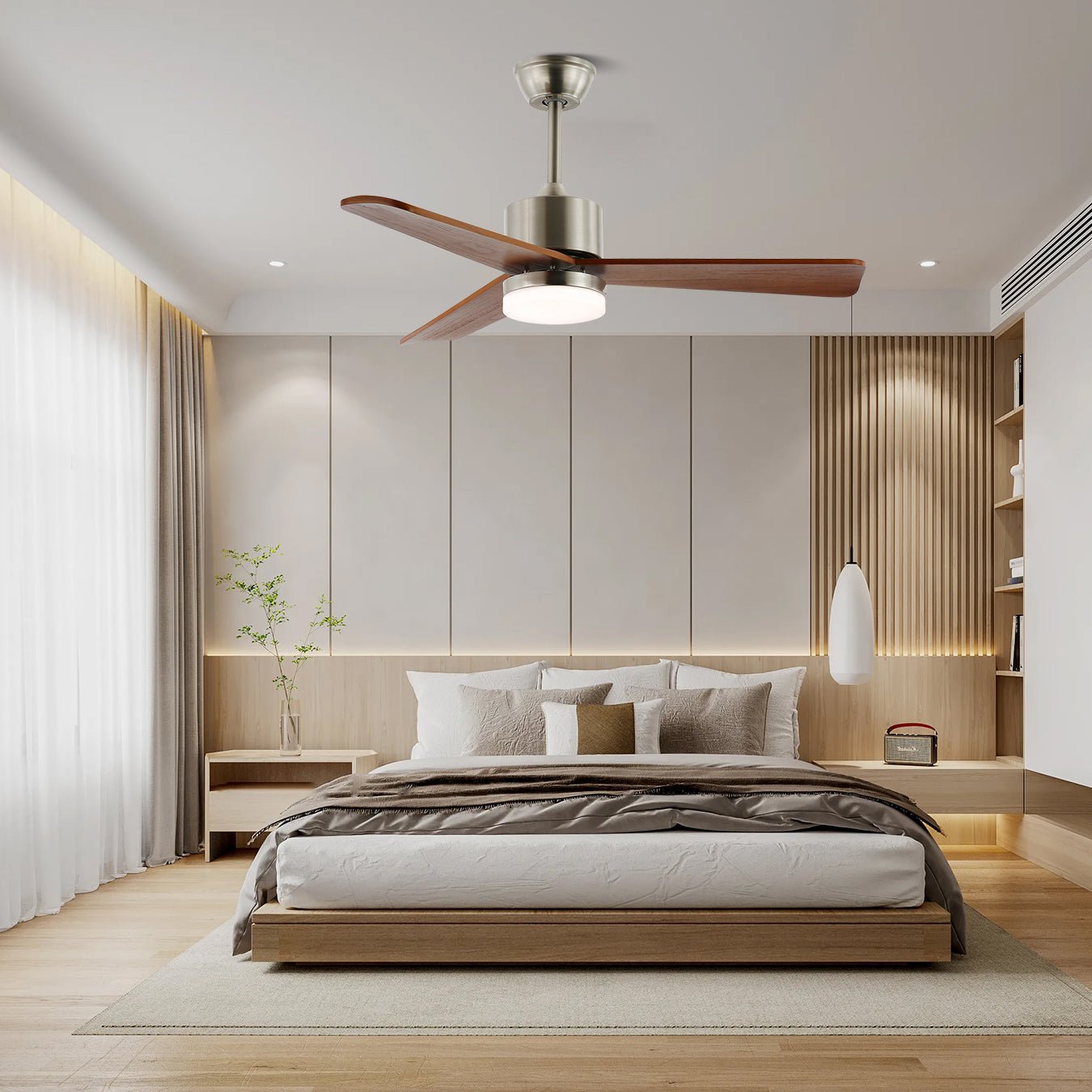 Ventilateur de plafond lumineux Ventio minimaliste argenté et bois - Neutralighting