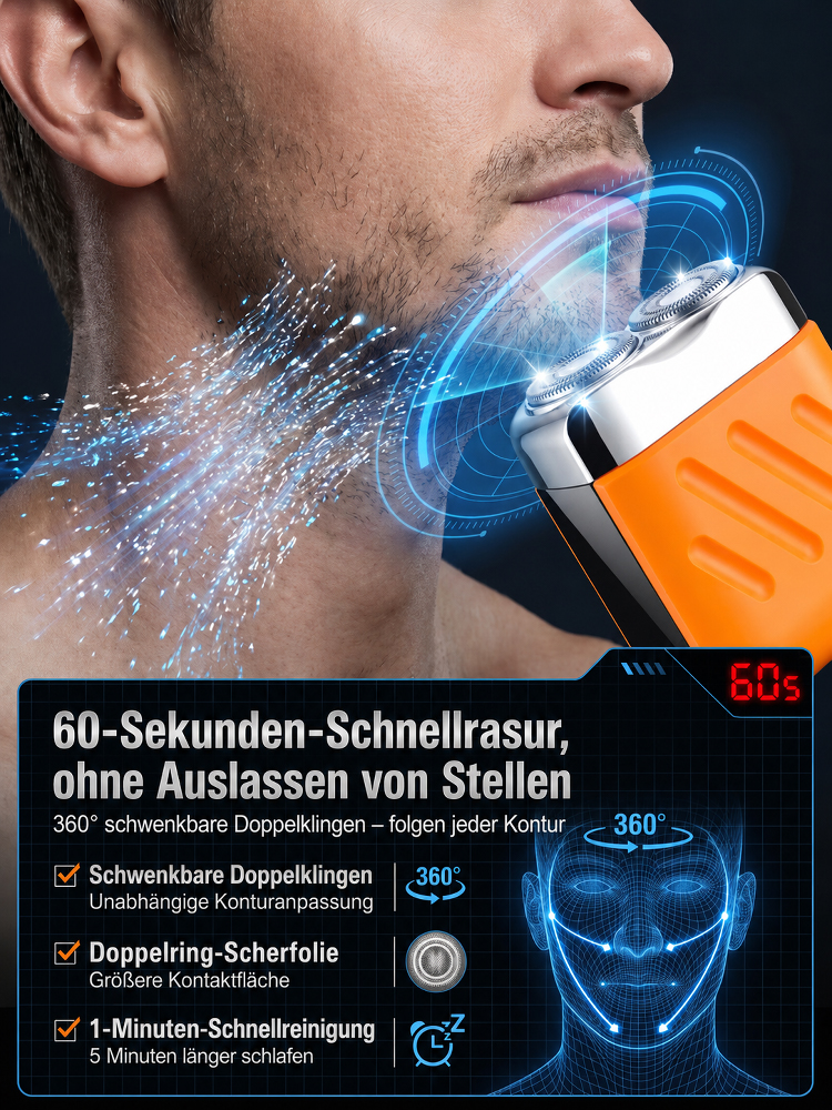 🪒 Tragbarer Elektrorasierer mit Doppelkopf 🧔🏻‍♂️ Bewegliche Scherköpfe passen sich den Gesichtskonturen an – für eine schnelle, sanfte Rasur ohne Ziepen