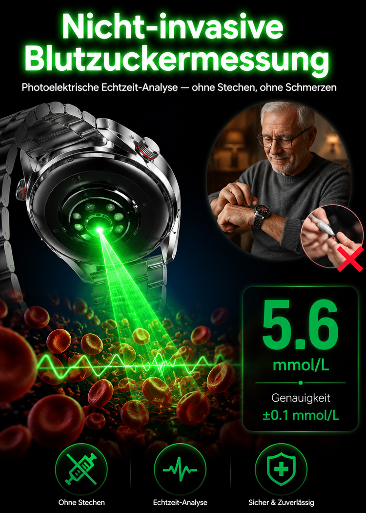 ⌚️【Das Spitzenmodell für alle Fälle】AI Smart Health Watch: Sportmodi in 4K-Qualität, IP68-Wasserfestigkeit und umfassende, schmerzfreie Blutzuckerüberwachung
