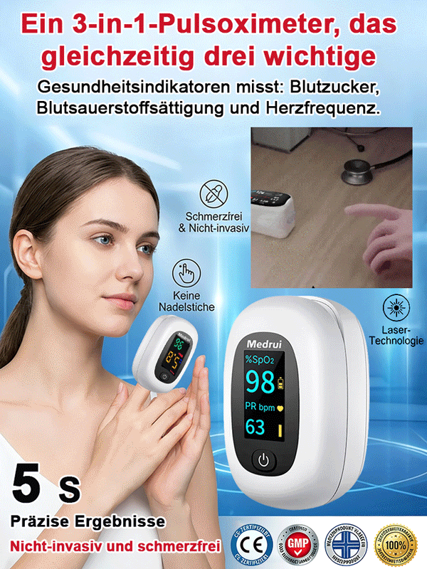 3-in-1-Blutzucker-, Herzfrequenz- und Pulsoximeter