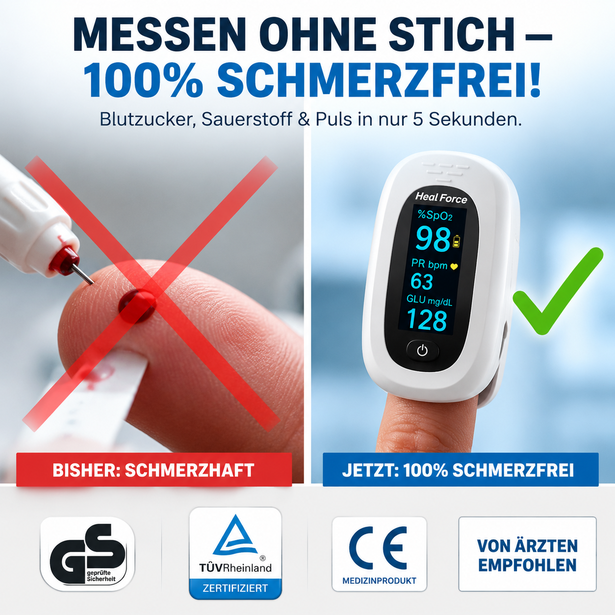 3-in-1-Blutzucker-, Herzfrequenz- und Pulsoximeter