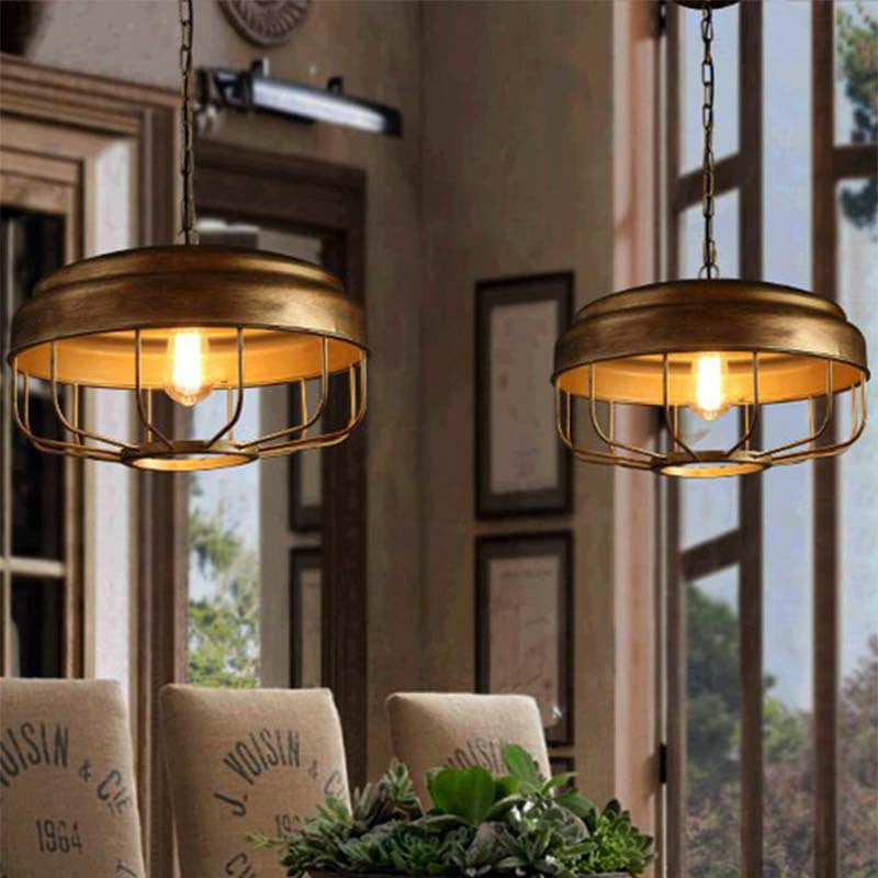 Industrial pendant lights in dining room, cage design