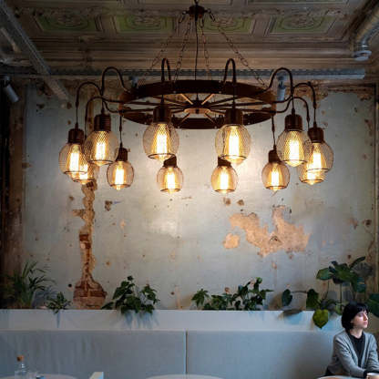 Alessio Industrial Chandelier in cafe, Las Sola lighting.