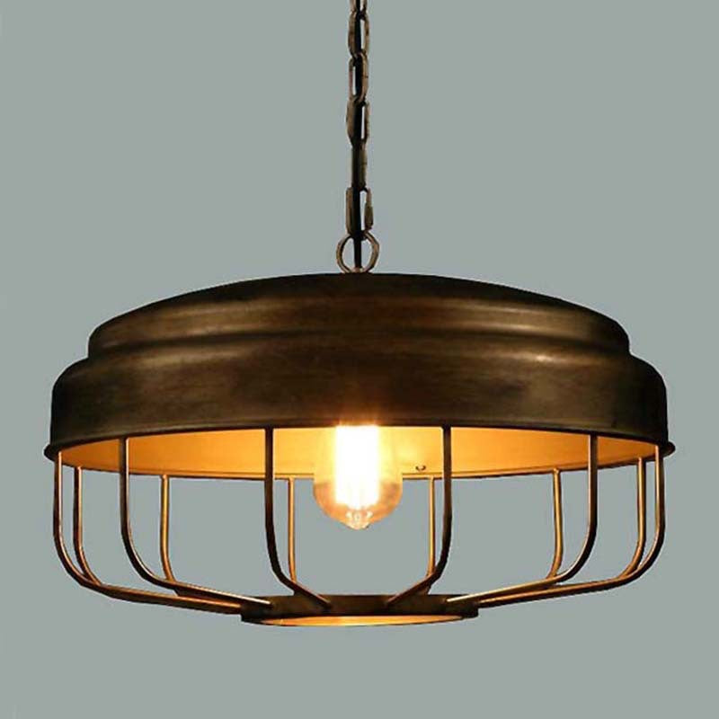 Alessio industrial pendant light with metal cage.