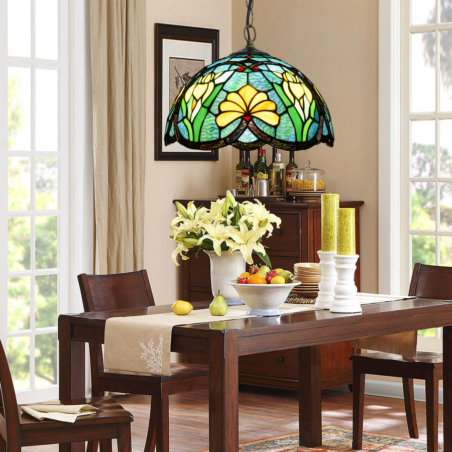 Eryn Vintage Colorful Flowers Stained Glass Pendant Light Bedroom