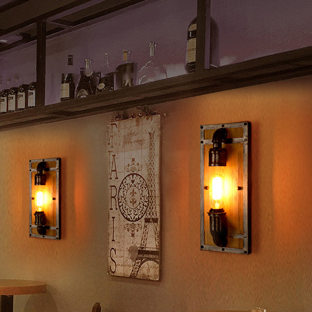 Alessio Industrial Wall Lamp with Wooden Mount