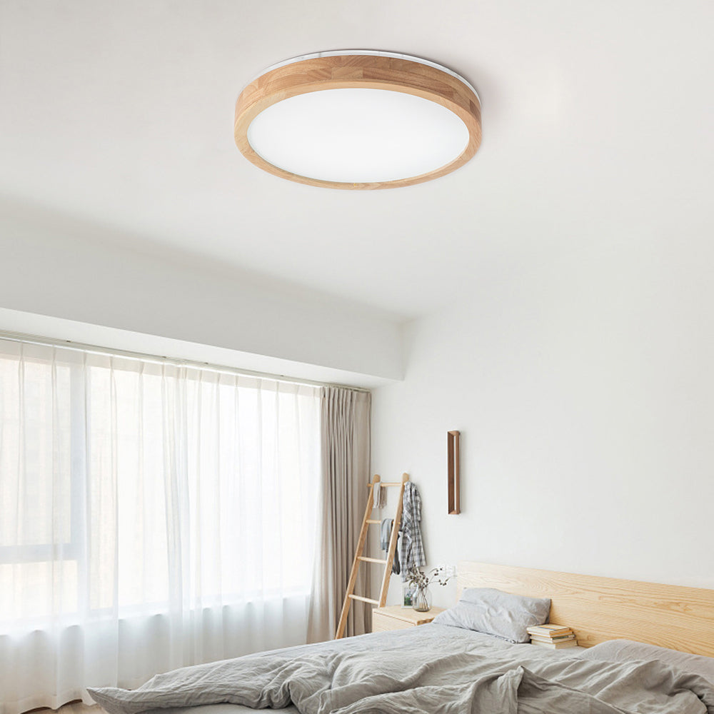Ozawa wood flush mount ceiling light in bedroom setting.