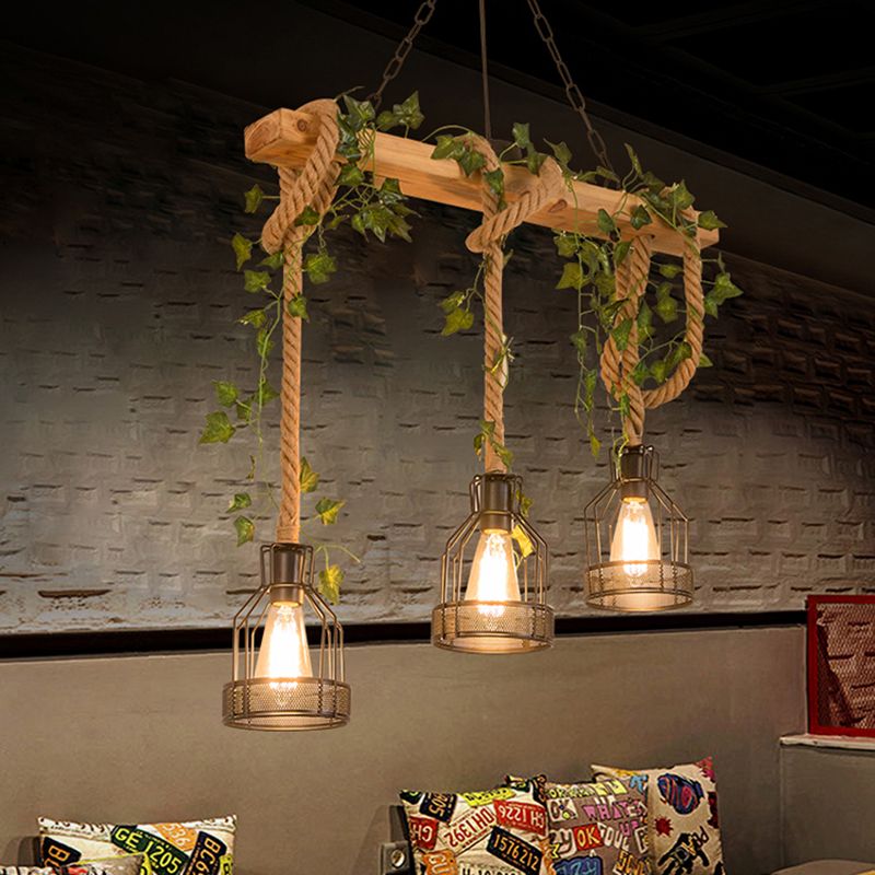 Alessio Caged Vintage Farmhouse Wood Beam Pendant Light 3/5 Heads