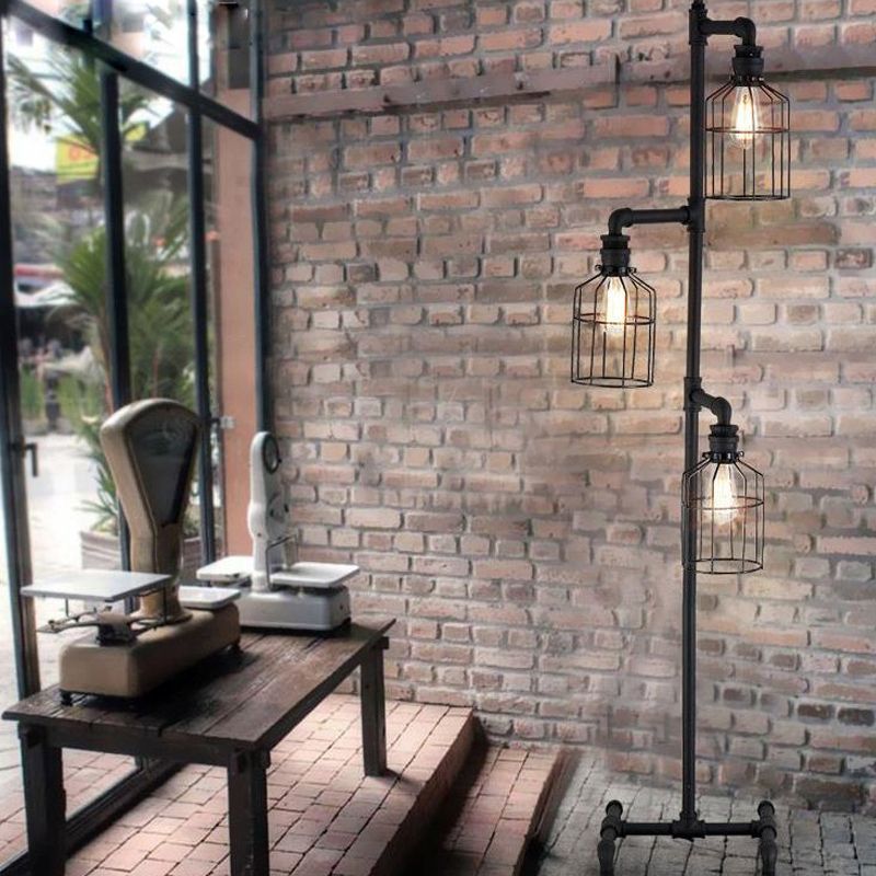 Alessio Retro Bird Cage Metal Floor Lamp, 3 Heads,Black