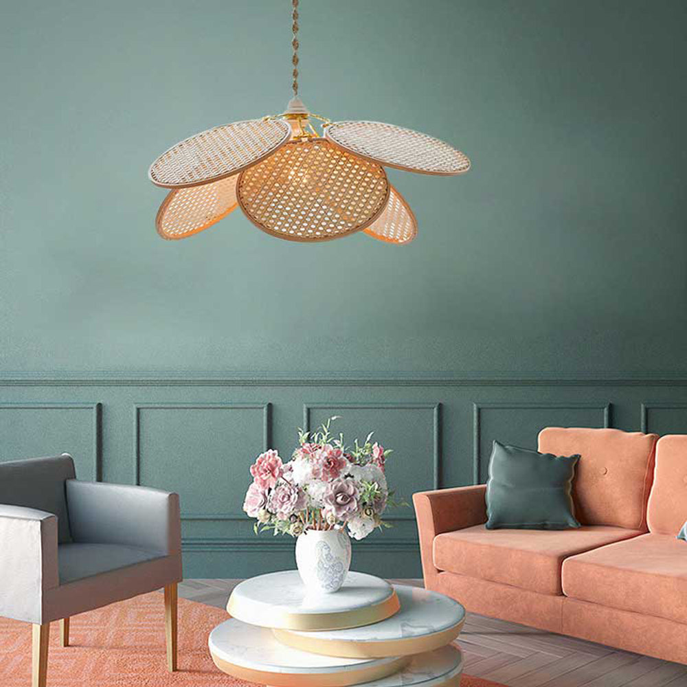 Ritta French Country Rattan Weave Creative Fan Pendant Light, Wooden
