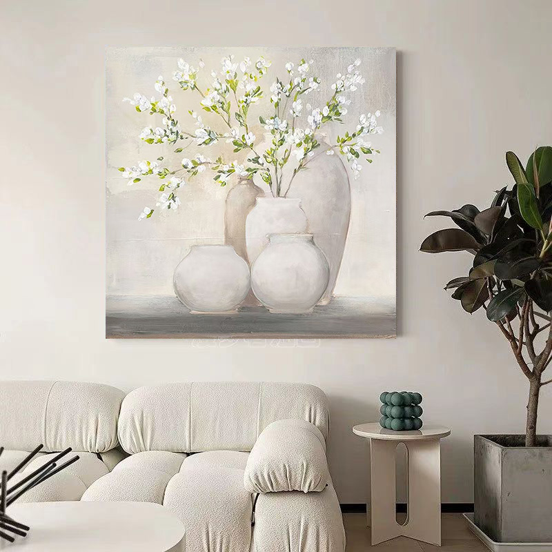 Floral Green White Oil Painting Canvas Wall Art Living Room Hallway