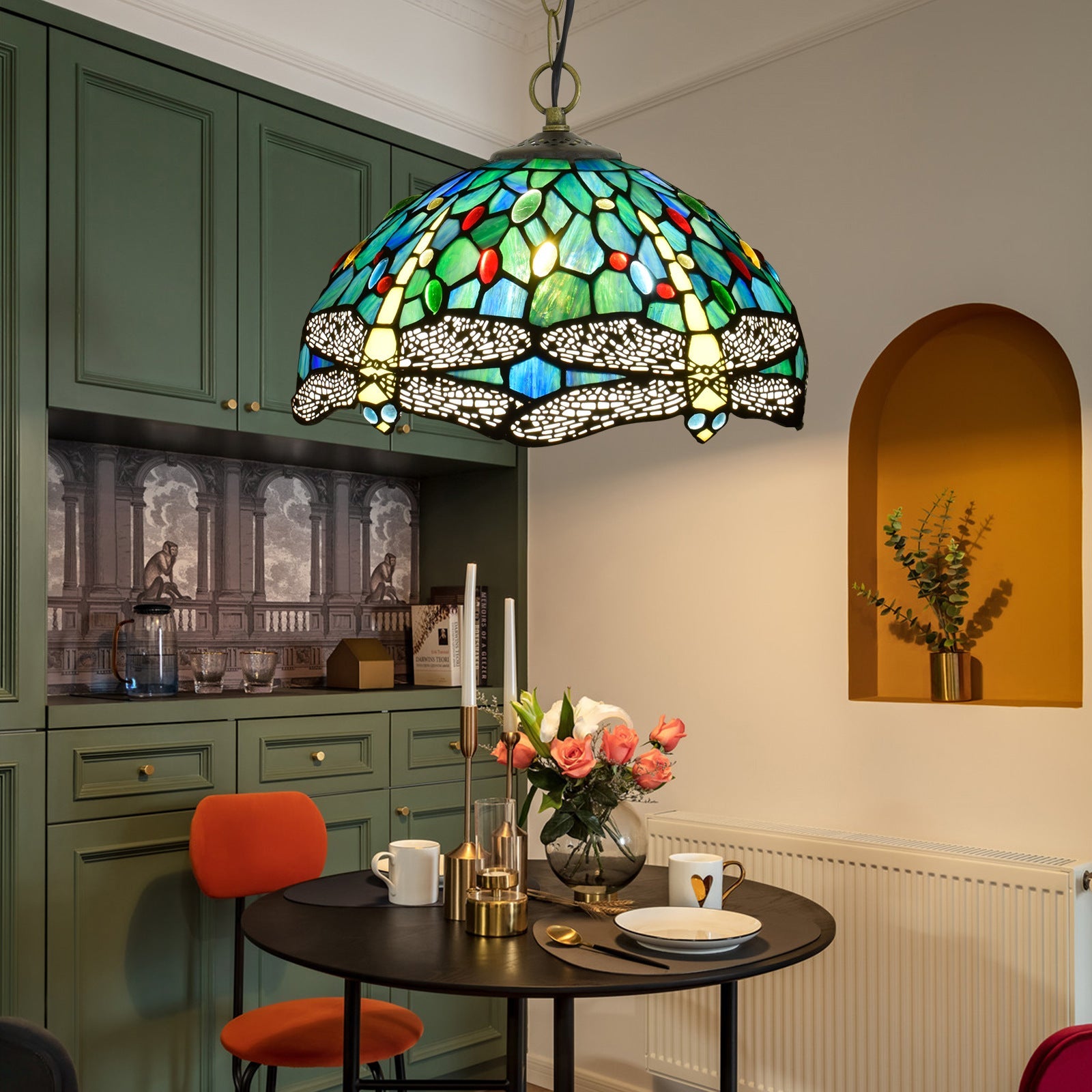 Eryn Vintage Pendant Light Stained Glass Metal Bowl Living Room