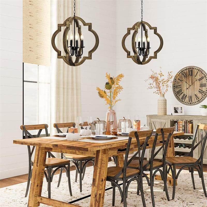 Alessio LED Chandelier over rustic dining table.