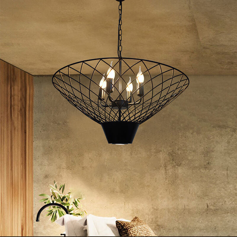 Black metal caged LED Chandelier, Alessio Vintage lighting fixture